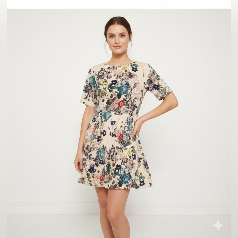 ASOS Floral Tapestry Print Mini Dress Short Sleeve Crew Neck Cream Boho❤️